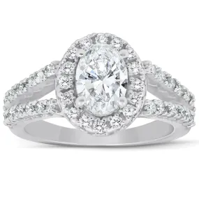 1 1/2 Ct Oval Cut Diamond Halo Split Shank Engagement Ring 14k White Gold