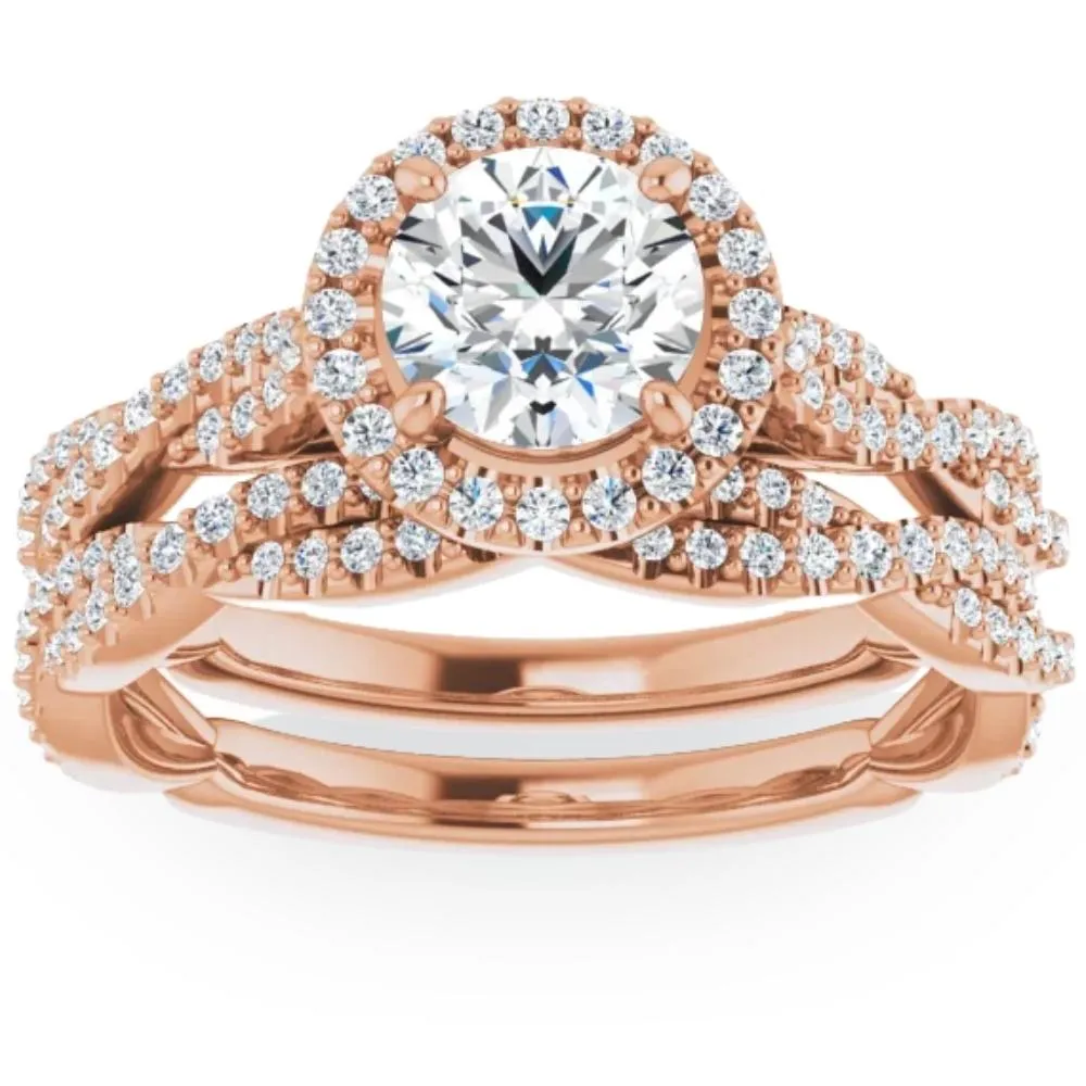 1 1/2ct Diamond Halo Vine Engagement Wedding Ring Set 14k Rose Gold