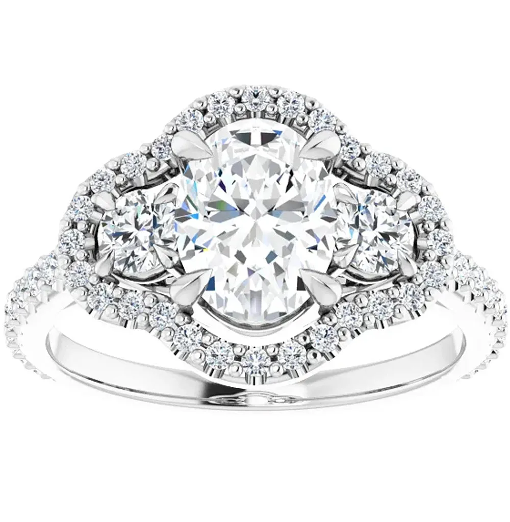 1 3/4 Ct Three Stone Halo Diamond & Oval Moissanite Engagement Ring White Gold