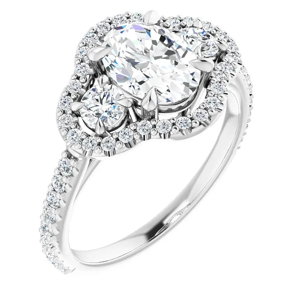 1 3/4 Ct Three Stone Halo Diamond & Oval Moissanite Engagement Ring White Gold