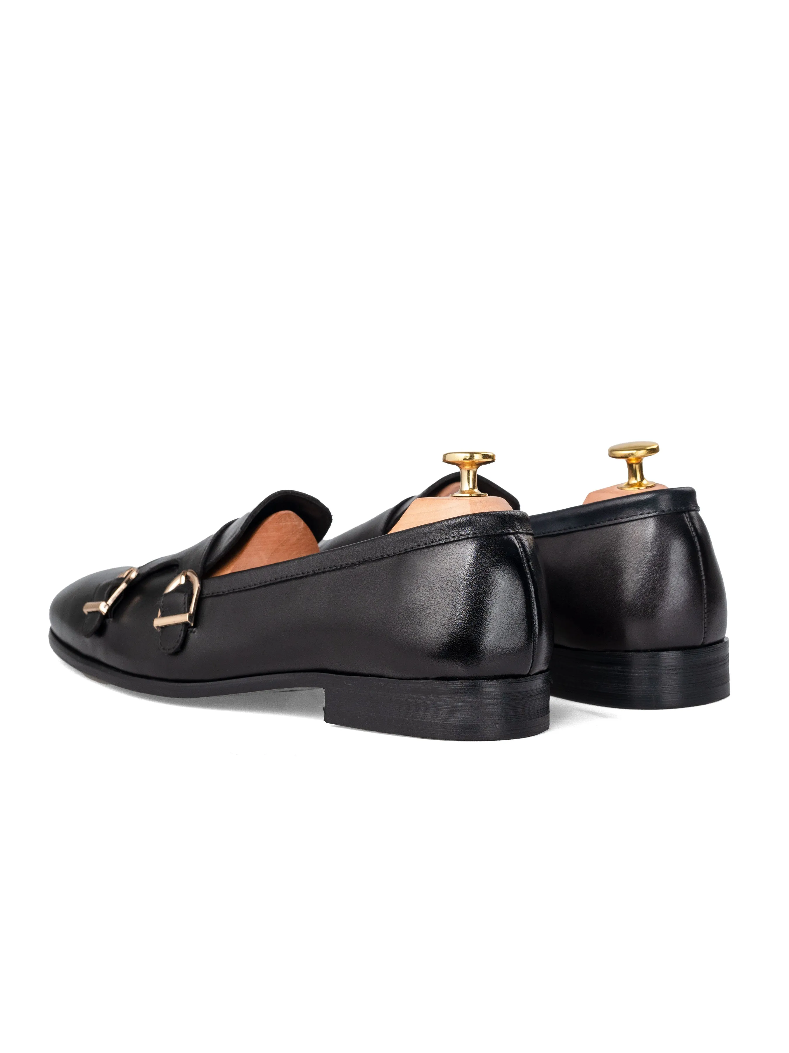 Alfeo Loafer Slipper - Solid Black Double Monk Strap