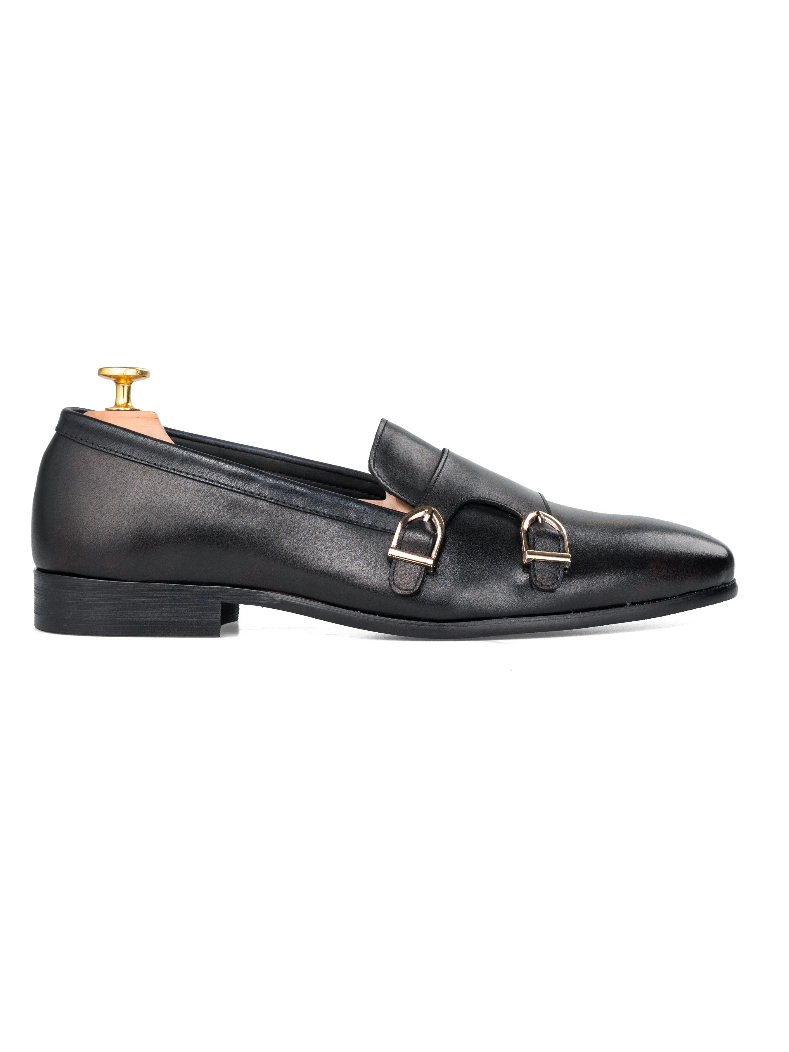 Alfeo Loafer Slipper - Solid Black Double Monk Strap