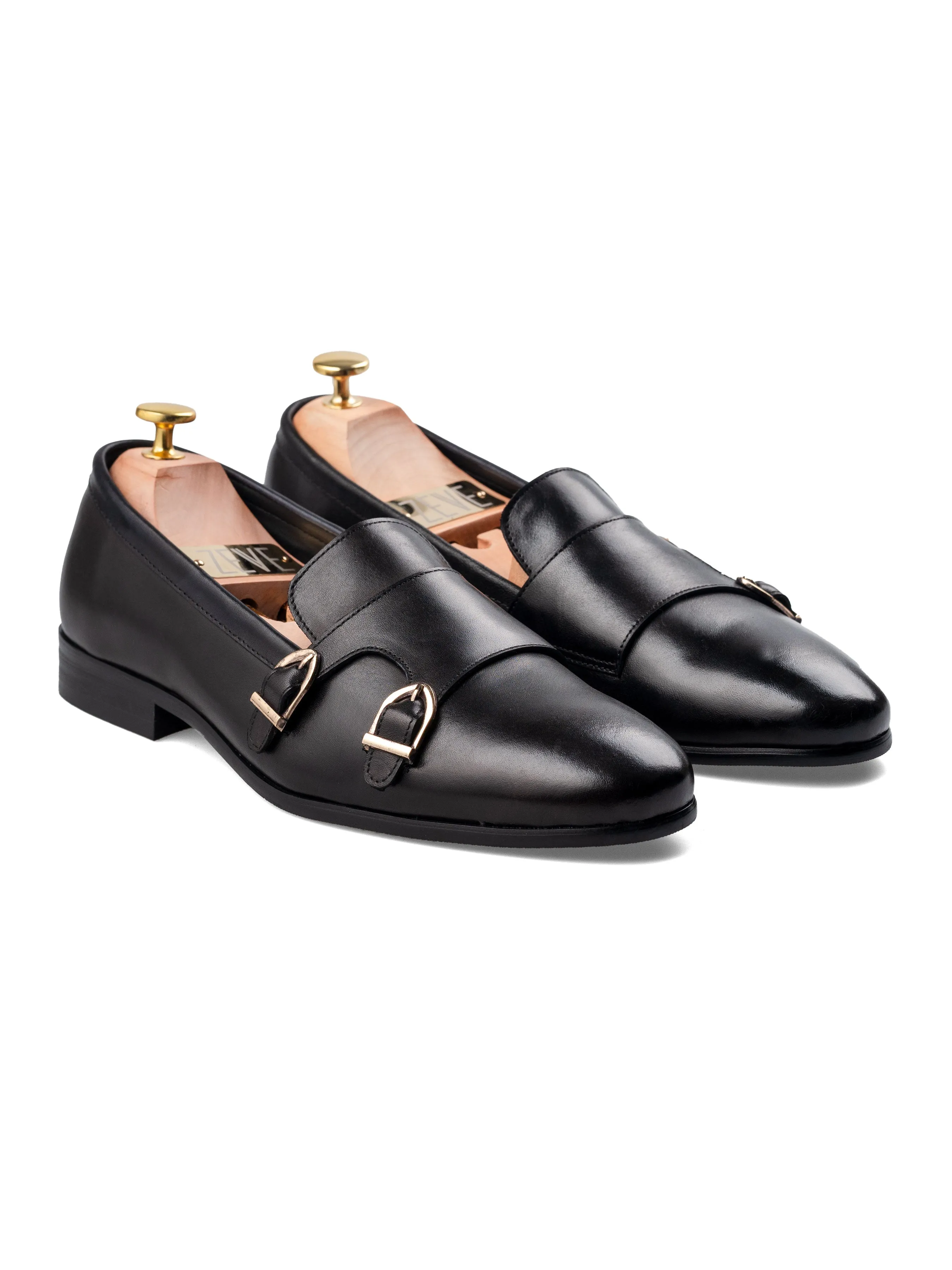 Alfeo Loafer Slipper - Solid Black Double Monk Strap