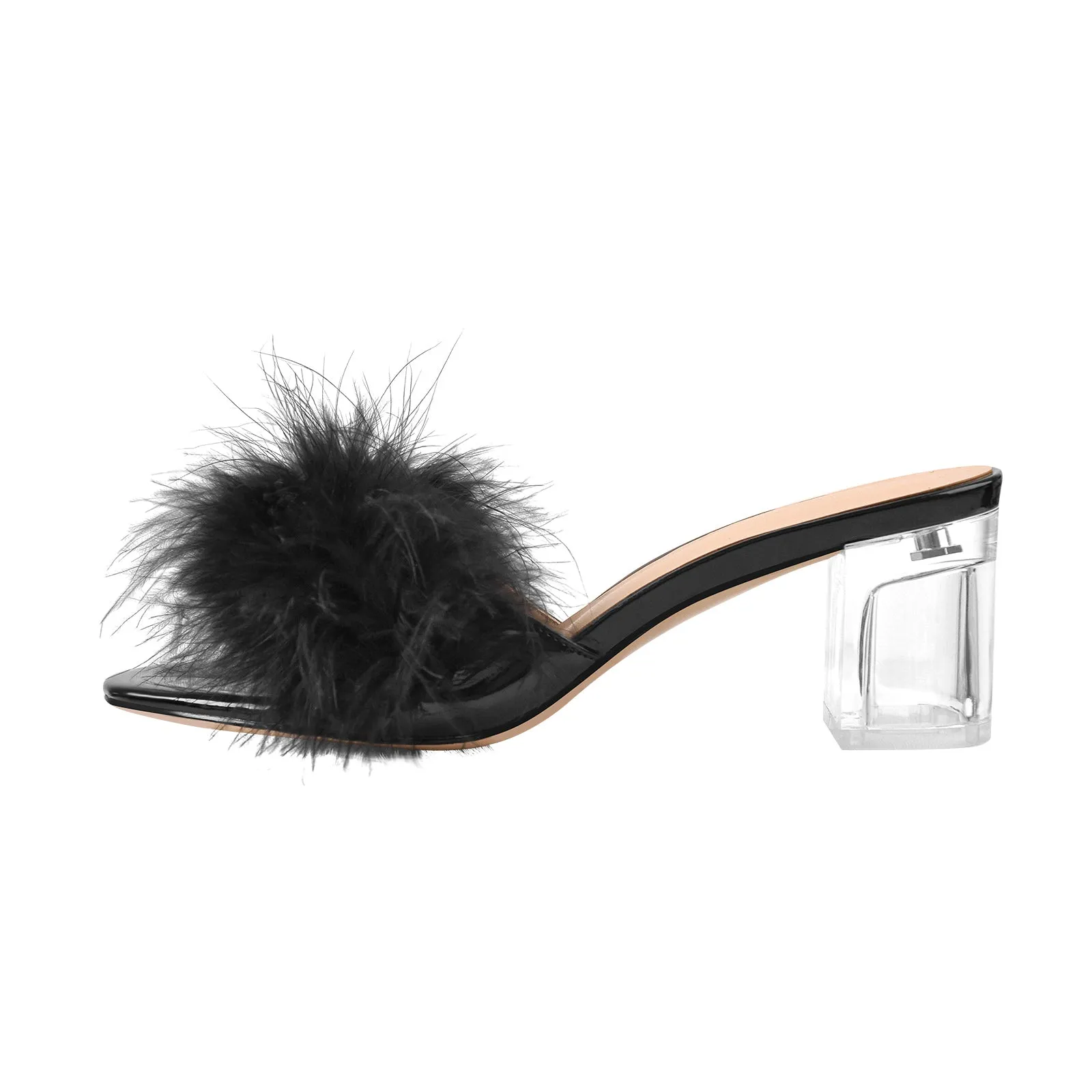 Black Feather Clear Heel Sandals