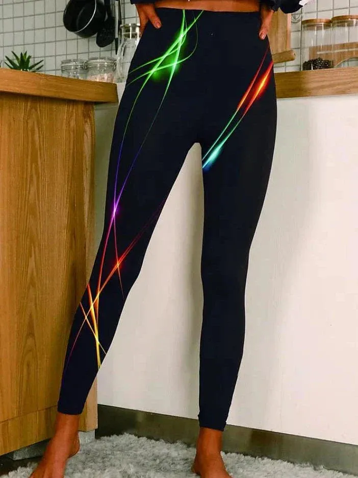 Butterfly Print Mid Waist Shiny Leggings with Tummy Control