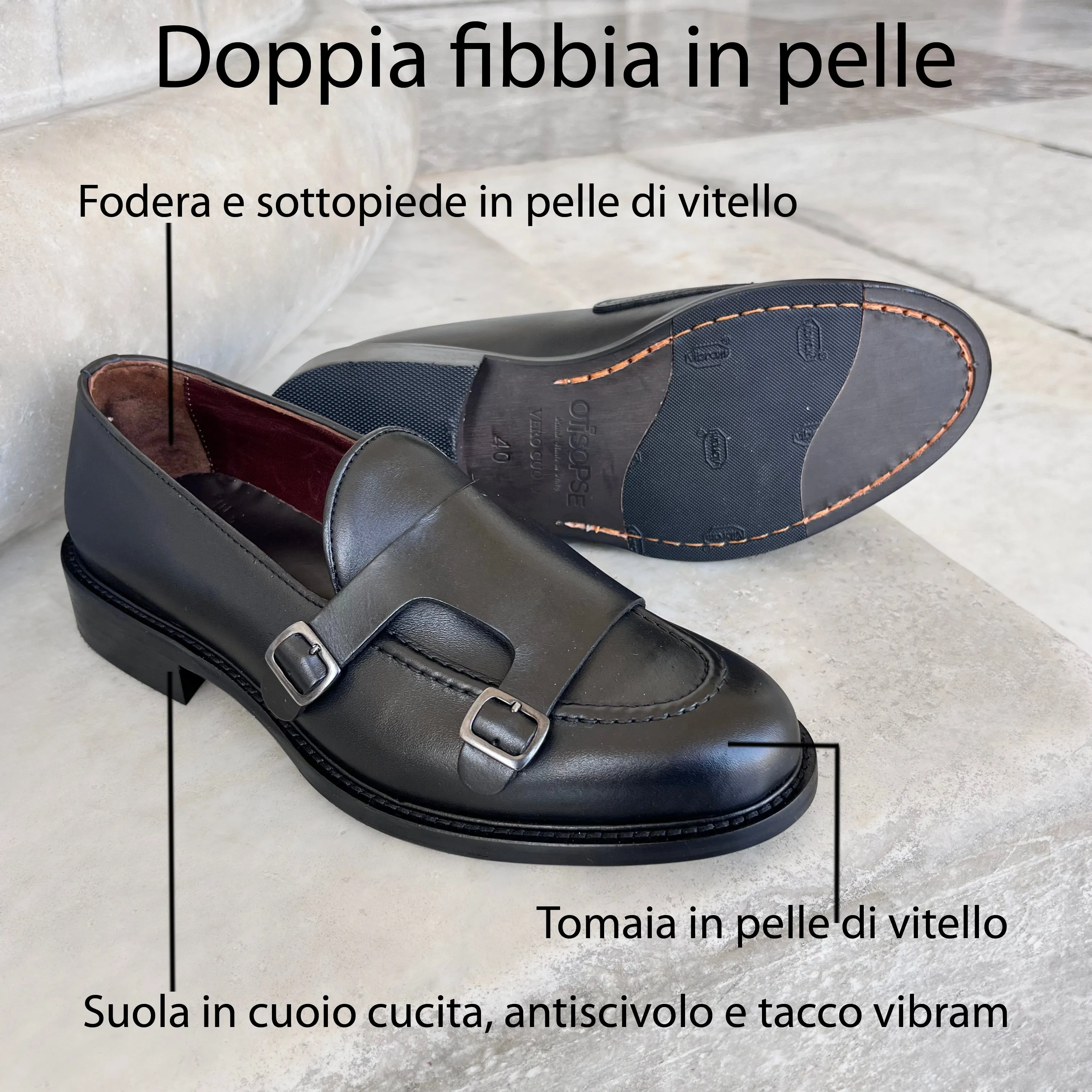 Doppia fibbia nera in pelle