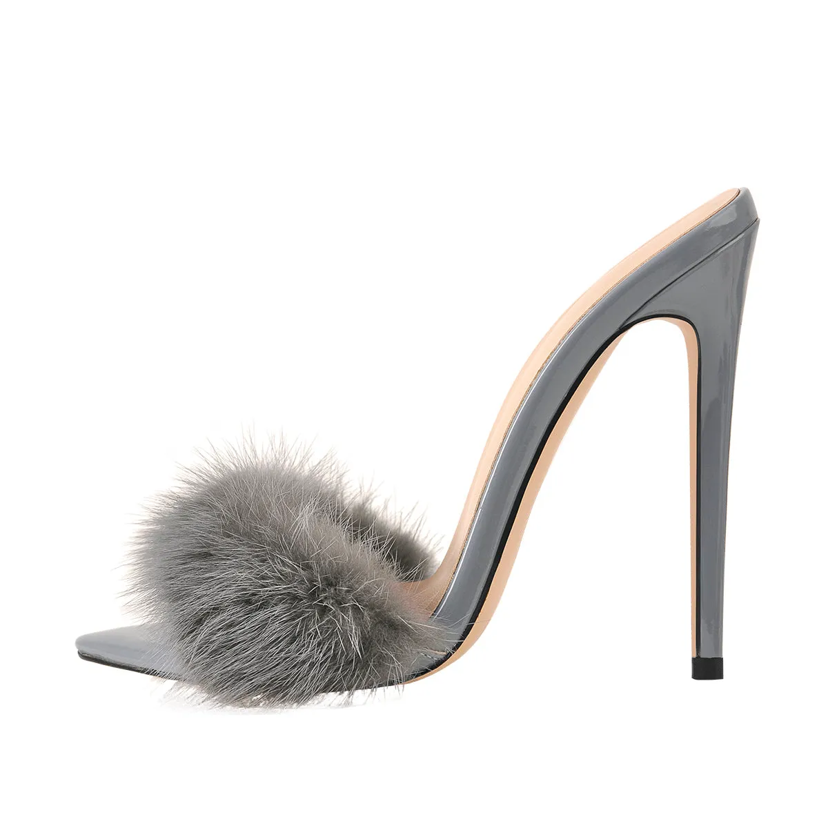 Gray Feather Pointed Toe High Heel Stilettos Sandals