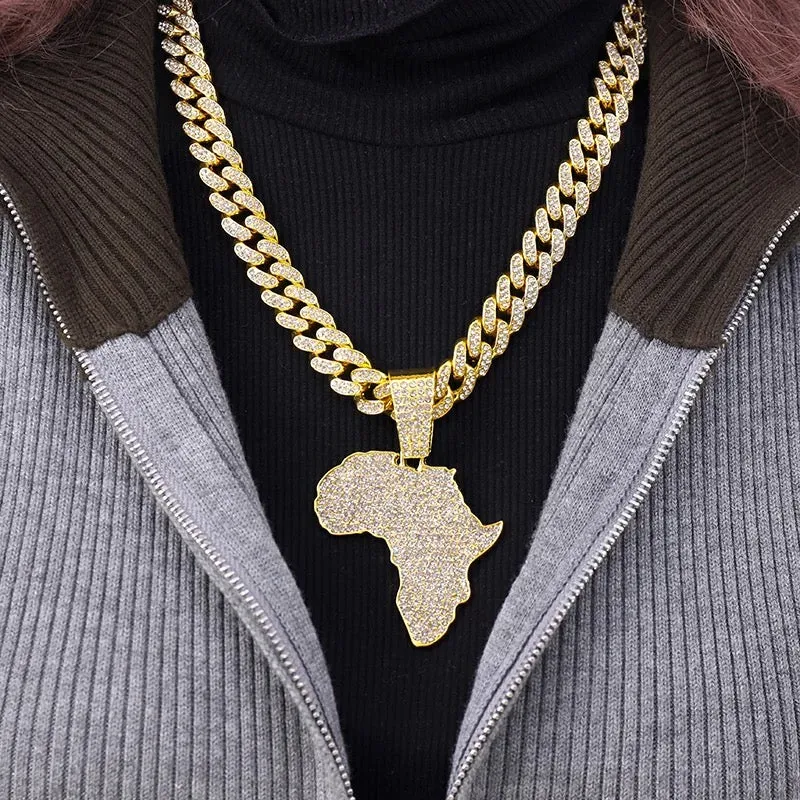 Hip hop big cuban chain with alloy and full CZ rhinestone map pendant necklace S4803177