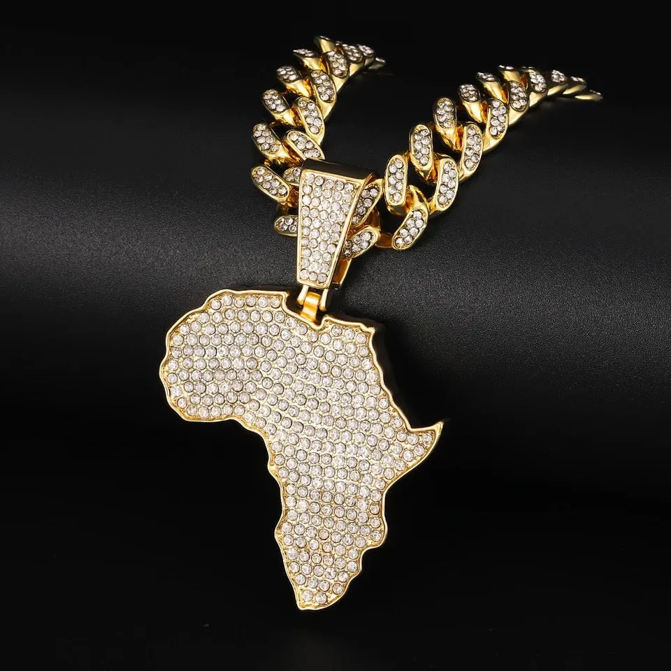 Hip hop big cuban chain with alloy and full CZ rhinestone map pendant necklace S4803177