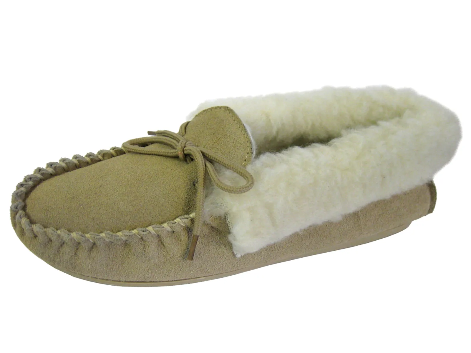 Ladies Real Suede Leather Moccasin Slipper, Wool Collar and Lining