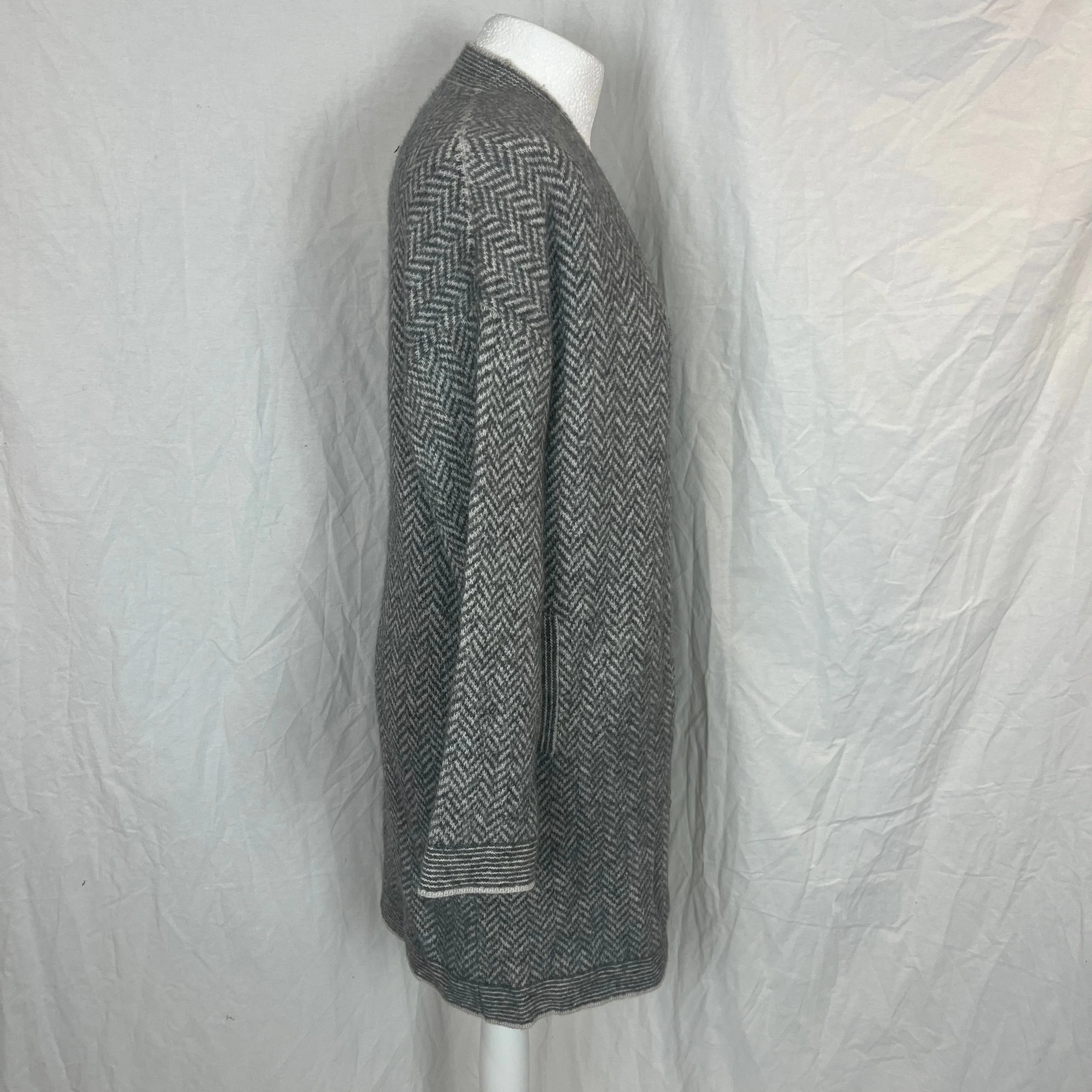 Loro Piana 2340 Grey & White Herringbone Cashmere Longline Cardigan S