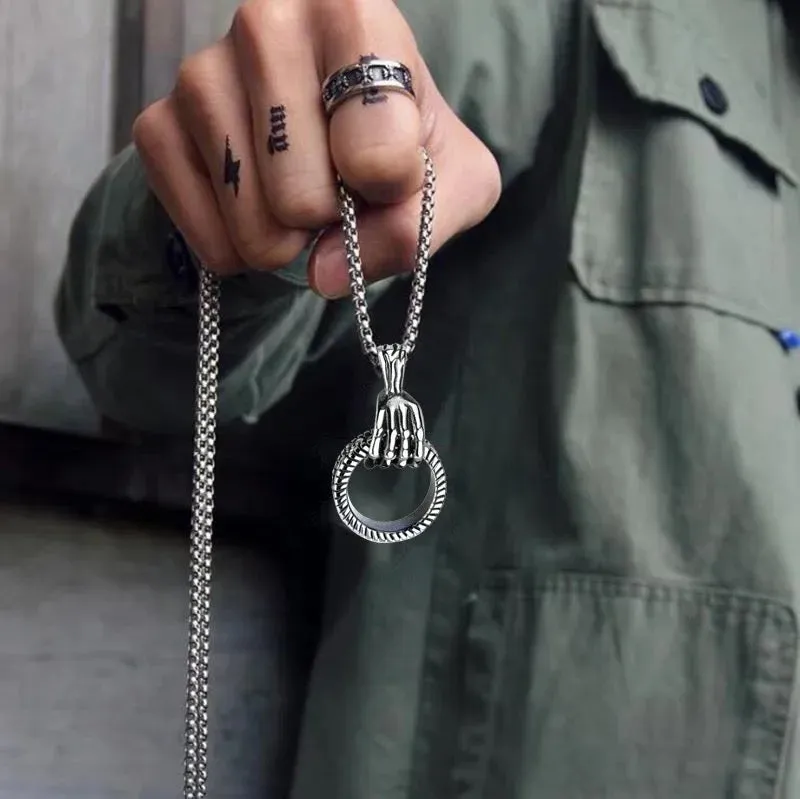 Punk Skull Hand Circle Pendant 3MM Stainless Steel Chain Necklace For Men Male Neck Gothic Jewelry