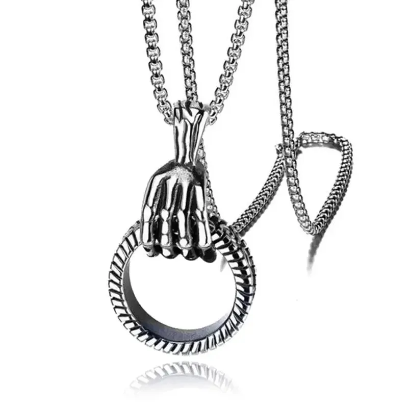 Punk Skull Hand Circle Pendant 3MM Stainless Steel Chain Necklace For Men Male Neck Gothic Jewelry