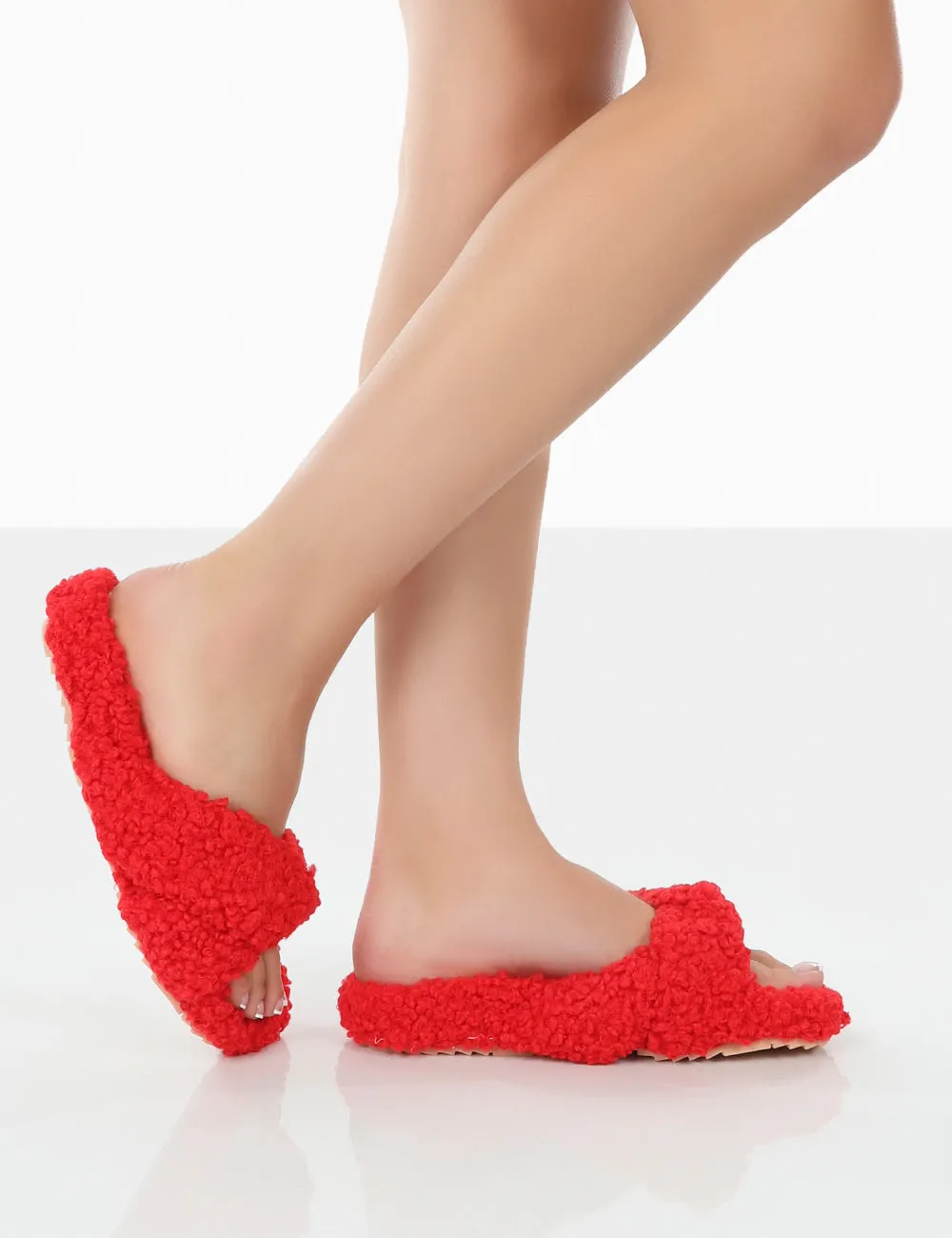 Slumber Red Teddy Cross Over Strap Slippers