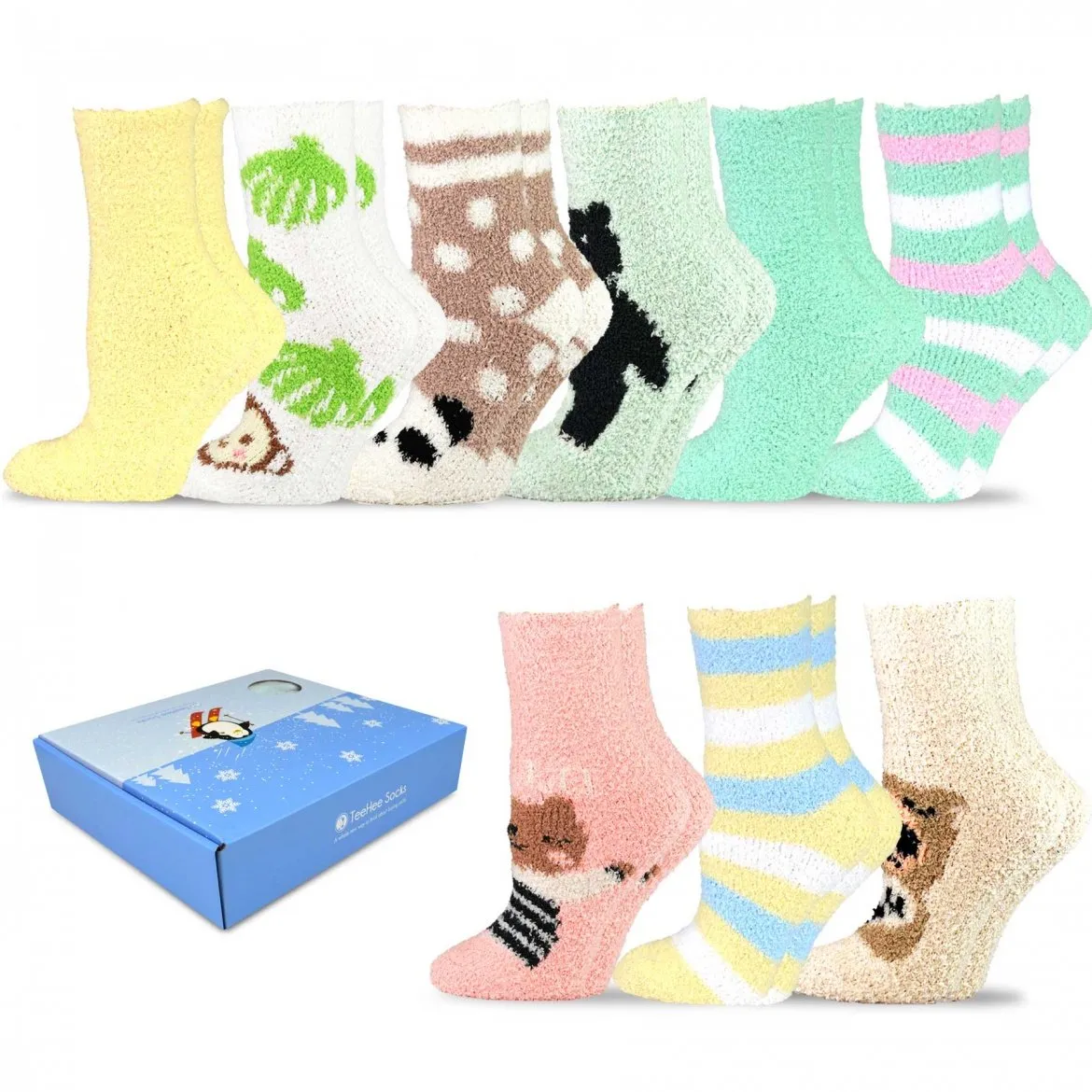 TeeHee Socks Women's Fuzzy Crew Animal/Basic 9-Pack Gift Box (12136)