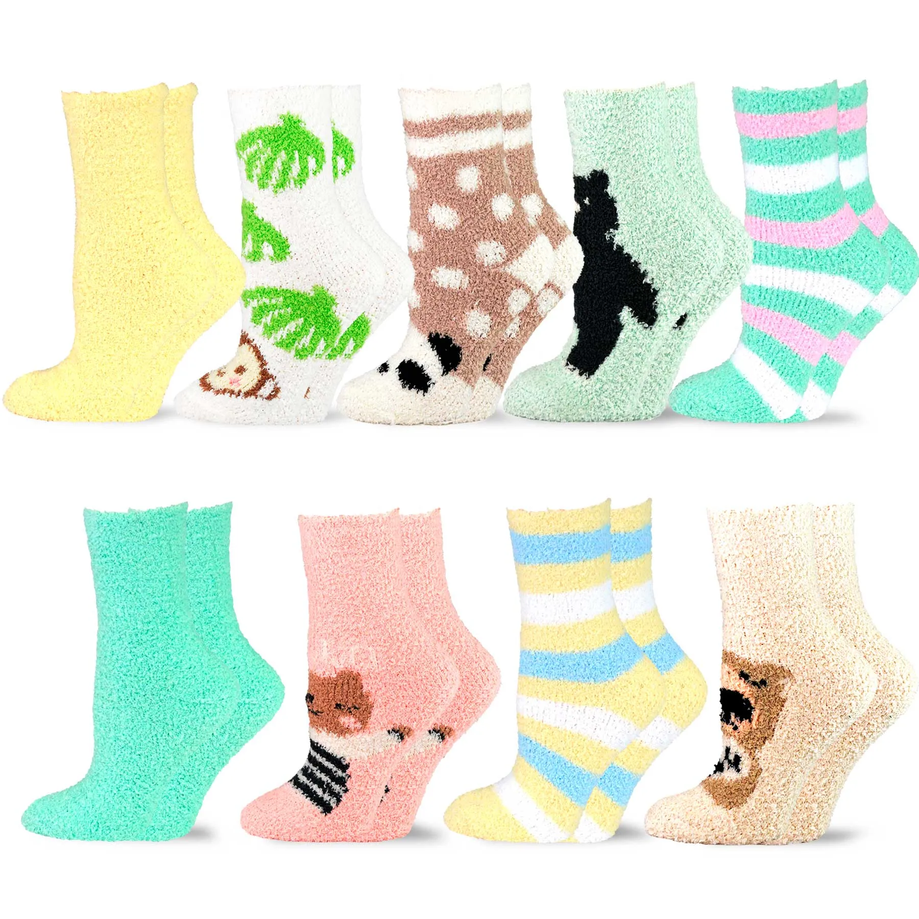 TeeHee Socks Women's Fuzzy Crew Animal/Basic 9-Pack Gift Box (12136)