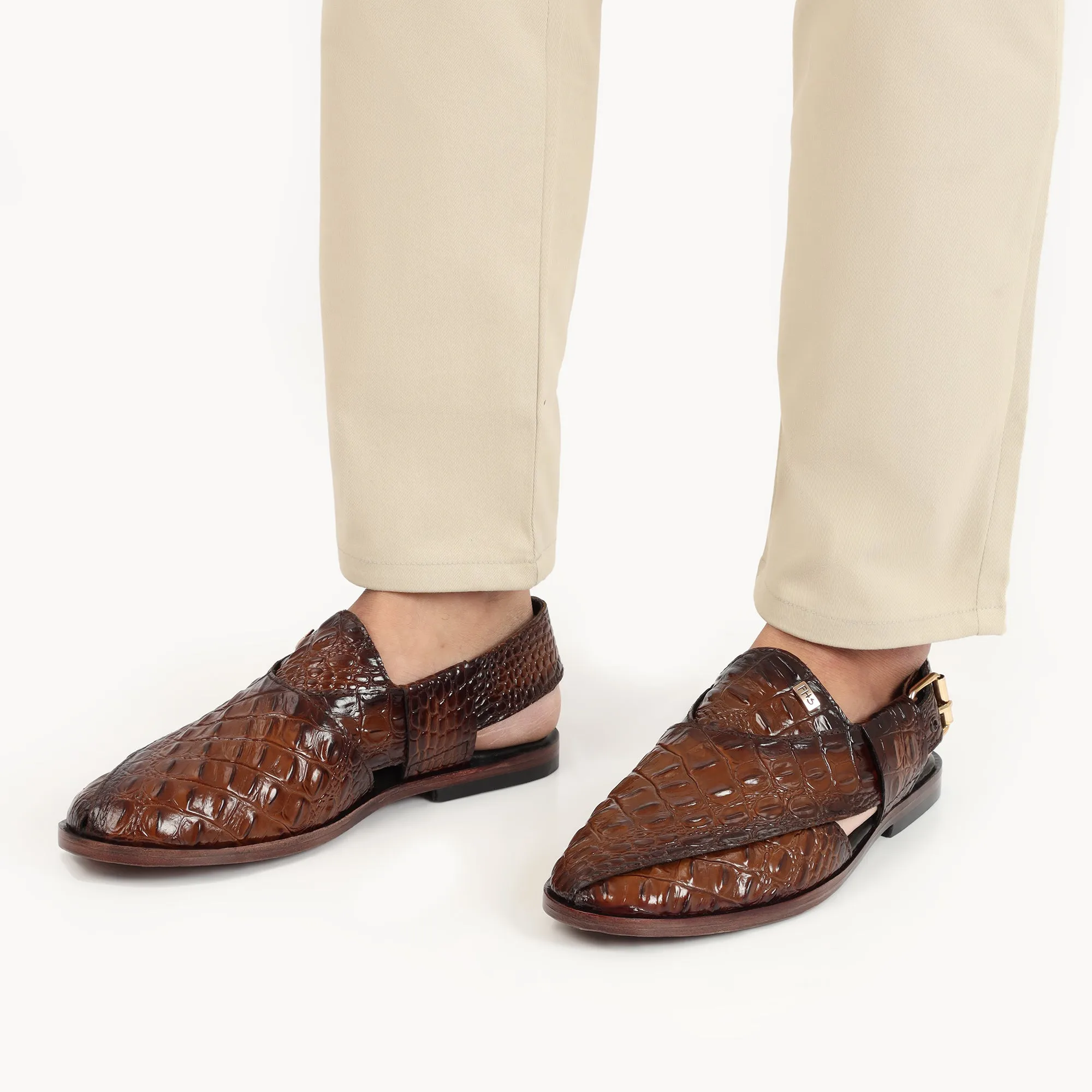 Two-Tone Croc-Embossed Peshawari Sandals-Brown