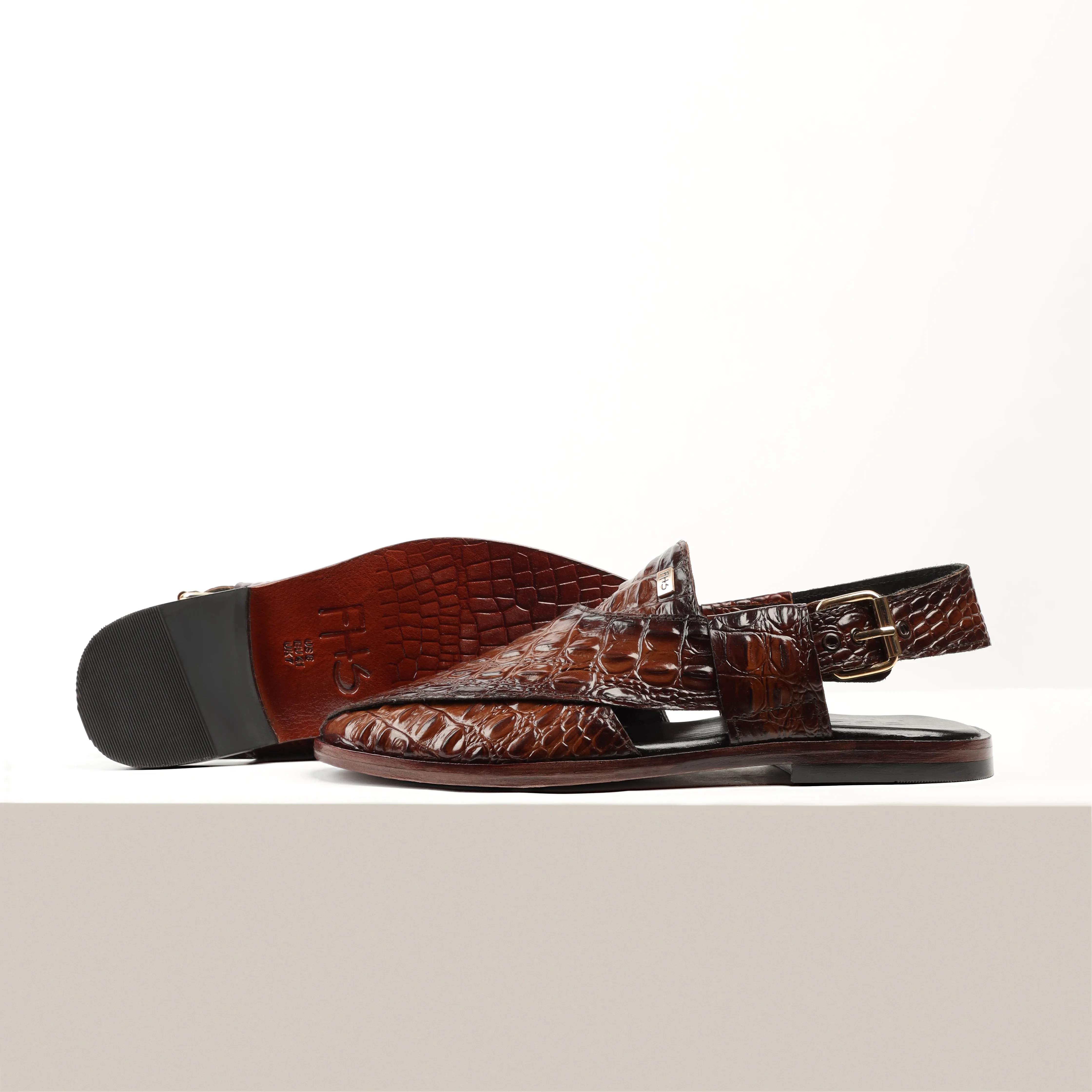 Two-Tone Croc-Embossed Peshawari Sandals-Brown