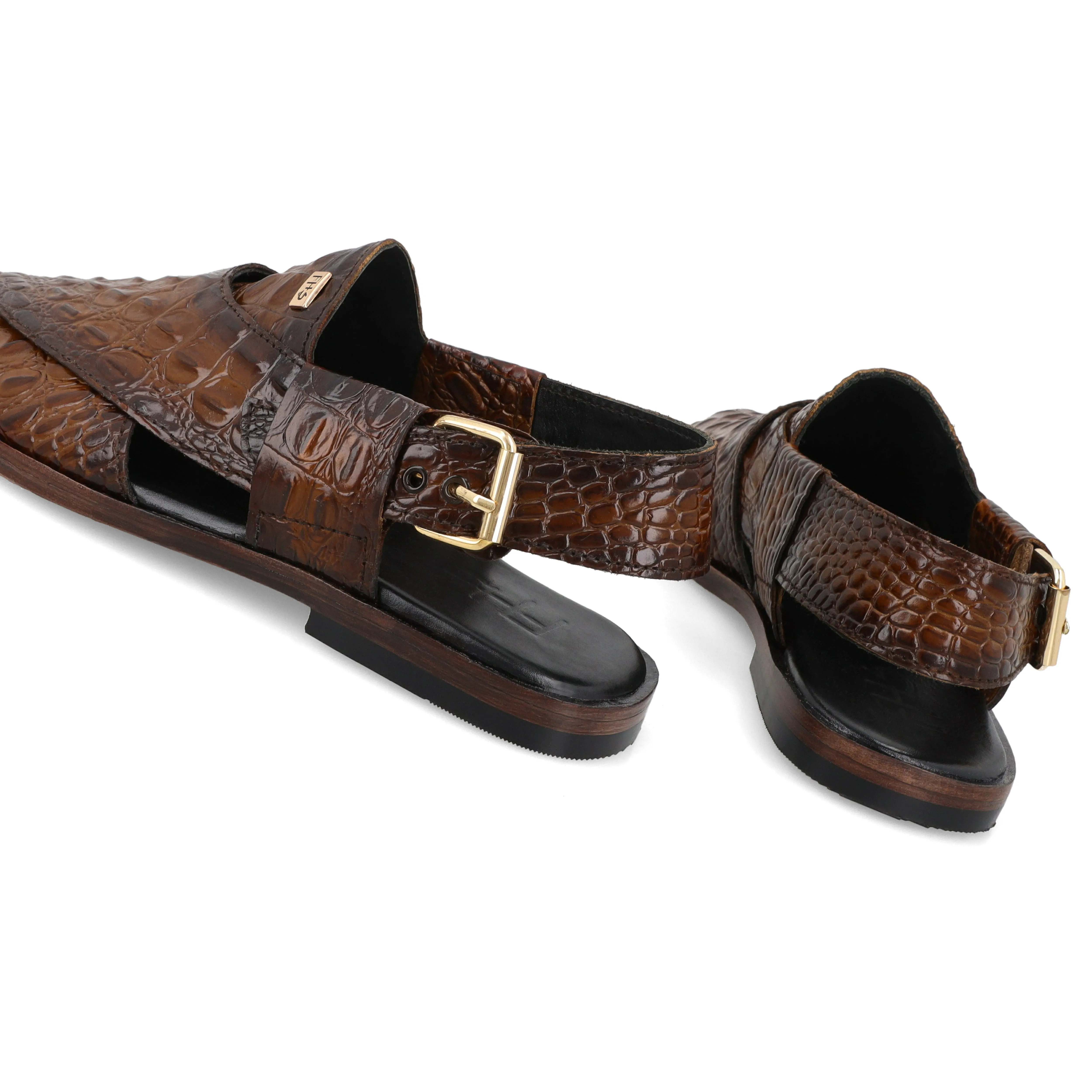 Two-Tone Croc-Embossed Peshawari Sandals-Brown