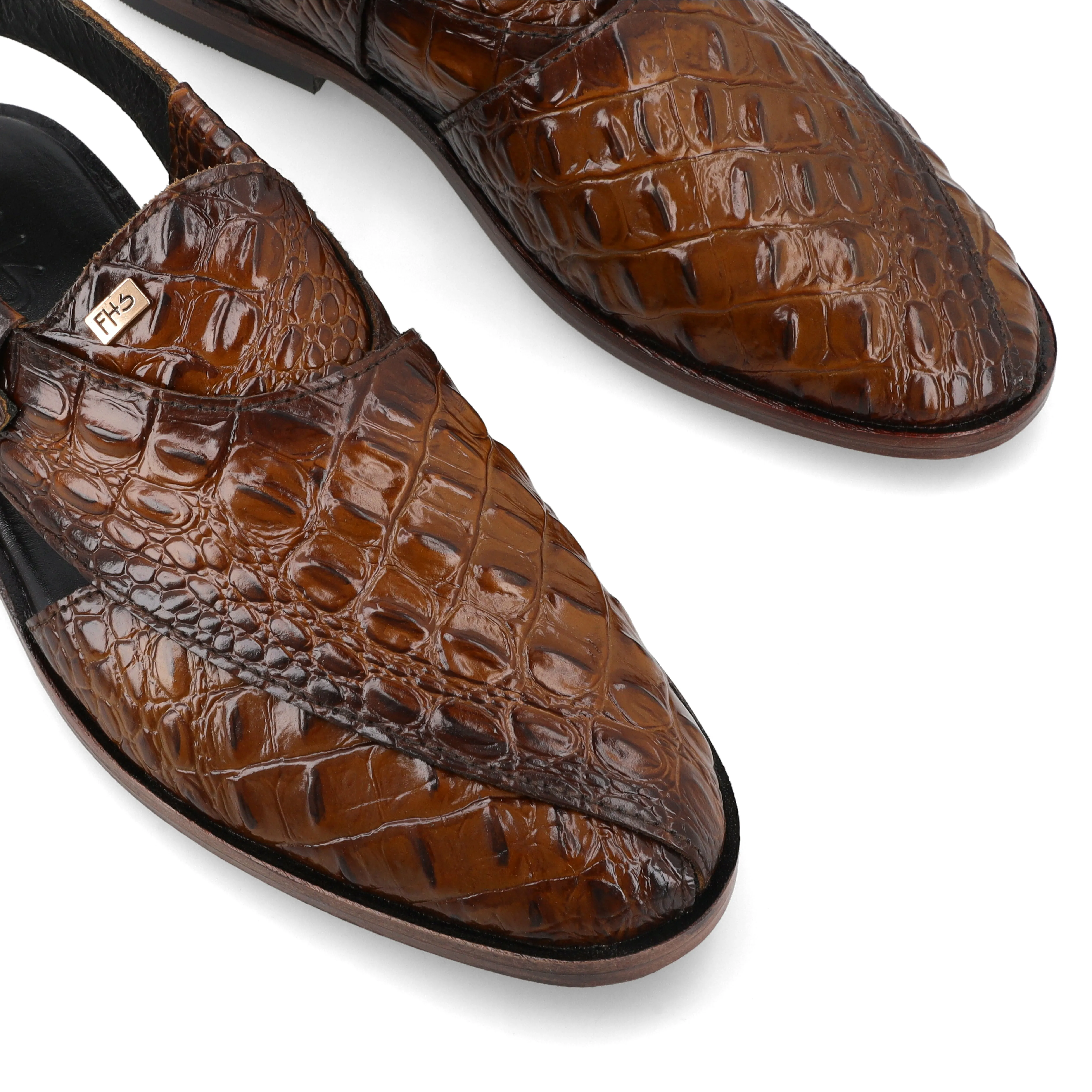 Two-Tone Croc-Embossed Peshawari Sandals-Brown