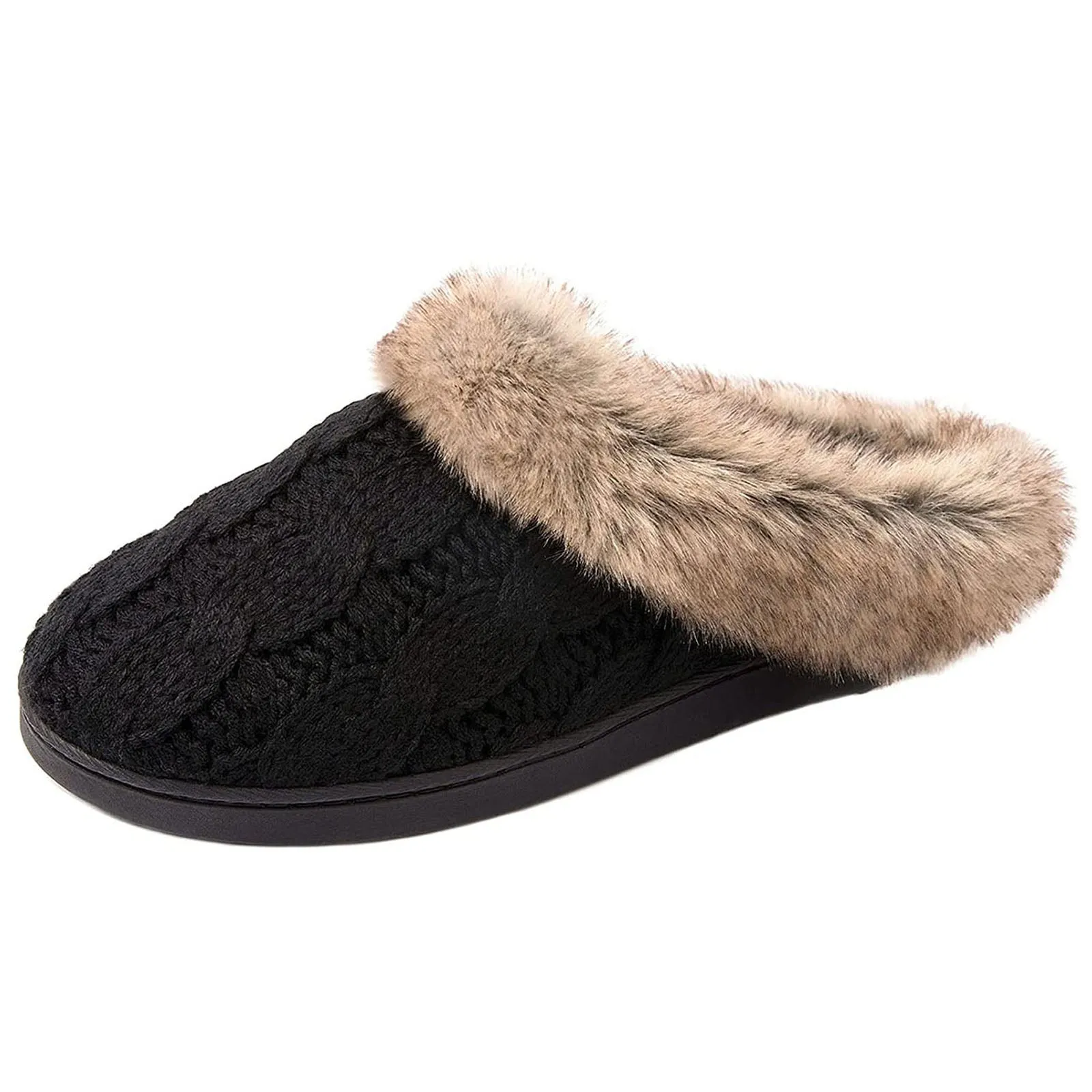 Women's Cable Knit Faux Fur Collar Slipper